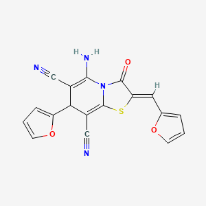 molecular formula C18H10N4O3S B11108983 (2Z)-5-amino-7-(furan-2-yl)-2-(furan-2-ylmethylidene)-3-oxo-2,3-dihydro-7H-[1,3]thiazolo[3,2-a]pyridine-6,8-dicarbonitrile 