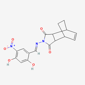 molecular formula C17H15N3O6 B11109568 2-{[(E)-(2,4-dihydroxy-5-nitrophenyl)methylidene]amino}-3a,4,7,7a-tetrahydro-1H-4,7-ethanoisoindole-1,3(2H)-dione 