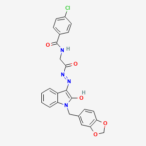 molecular formula C25H19ClN4O5 B11109653 N-({N'-[(3E)-1-[(2H-1,3-Benzodioxol-5-YL)methyl]-2-oxo-2,3-dihydro-1H-indol-3-ylidene]hydrazinecarbonyl}methyl)-4-chlorobenzamide 