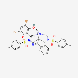 molecular formula C34H33Br2N5O5S2 B11109863 2-[(E)-{(2Z)-[{3,7-bis[(4-methylphenyl)sulfonyl]-1,3,7-triazabicyclo[3.3.1]non-5-yl}(phenyl)methylidene]hydrazinylidene}methyl]-4,6-dibromophenol 