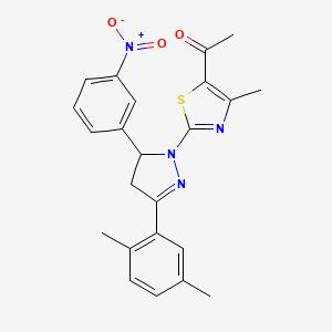 molecular formula C23H22N4O3S B11109987 1-{2-[3-(2,5-dimethylphenyl)-5-(3-nitrophenyl)-4,5-dihydro-1H-pyrazol-1-yl]-4-methyl-1,3-thiazol-5-yl}ethanone 