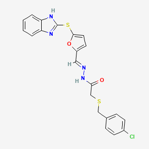 molecular formula C21H17ClN4O2S2 B11110076 N'-{(E)-[5-(1H-benzimidazol-2-ylsulfanyl)furan-2-yl]methylidene}-2-[(4-chlorobenzyl)sulfanyl]acetohydrazide 