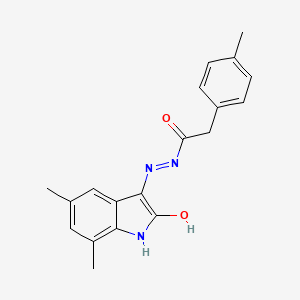 molecular formula C19H19N3O2 B11110108 N'-[(3Z)-5,7-dimethyl-2-oxo-1,2-dihydro-3H-indol-3-ylidene]-2-(4-methylphenyl)acetohydrazide 