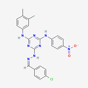 molecular formula C24H21ClN8O2 B11110147 6-[(2Z)-2-(4-chlorobenzylidene)hydrazinyl]-N-(3,4-dimethylphenyl)-N'-(4-nitrophenyl)-1,3,5-triazine-2,4-diamine 