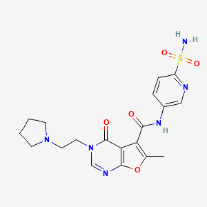 molecular formula C19H22N6O5S B11110170 6-Methyl-4-oxo-3-[2-(pyrrolidin-1-YL)ethyl]-N-(6-sulfamoylpyridin-3-YL)-3H,4H-furo[2,3-D]pyrimidine-5-carboxamide 