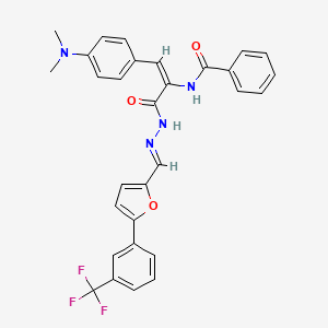 molecular formula C30H25F3N4O3 B11110444 N-{(1E)-1-[4-(dimethylamino)phenyl]-3-oxo-3-[(2E)-2-({5-[3-(trifluoromethyl)phenyl]furan-2-yl}methylidene)hydrazinyl]prop-1-en-2-yl}benzamide 