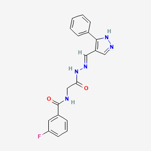 molecular formula C19H16FN5O2 B11110508 3-Fluoro-N-({N'-[(E)-(3-phenyl-1H-pyrazol-4-YL)methylidene]hydrazinecarbonyl}methyl)benzamide 