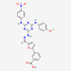 molecular formula C28H22N8O6 B11110610 3-{5-[(Z)-(2-{4-[(4-methoxyphenyl)amino]-6-[(4-nitrophenyl)amino]-1,3,5-triazin-2-yl}hydrazinylidene)methyl]furan-2-yl}benzoic acid 