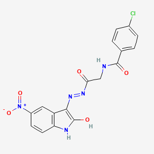 molecular formula C17H12ClN5O5 B11110612 4-Chloro-N-({N'-[(3E)-5-nitro-2-oxo-2,3-dihydro-1H-indol-3-ylidene]hydrazinecarbonyl}methyl)benzamide 