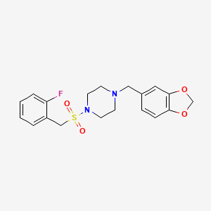 molecular formula C19H21FN2O4S B11110681 1-(1,3-Benzodioxol-5-ylmethyl)-4-[(2-fluorobenzyl)sulfonyl]piperazine 