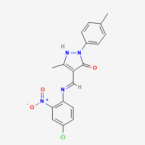 molecular formula C18H15ClN4O3 B11110806 (4Z)-4-{[(4-chloro-2-nitrophenyl)amino]methylidene}-5-methyl-2-(4-methylphenyl)-2,4-dihydro-3H-pyrazol-3-one 