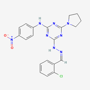 molecular formula C20H19ClN8O2 B11110981 4-[(2Z)-2-(2-chlorobenzylidene)hydrazinyl]-N-(4-nitrophenyl)-6-(pyrrolidin-1-yl)-1,3,5-triazin-2-amine 