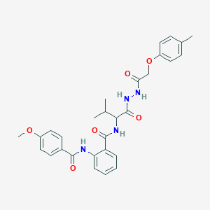 molecular formula C29H32N4O6 B11111050 2-(4-Methoxybenzamido)-N-{3-methyl-1-[2-(4-methylphenoxy)acetohydrazido]-1-oxobutan-2-YL}benzamide 