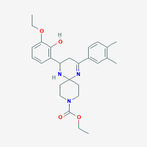 molecular formula C27H35N3O4 B11111286 Ethyl 2-(3,4-dimethylphenyl)-4-(3-ethoxy-2-hydroxyphenyl)-1,5,9-triazaspiro[5.5]undec-1-ene-9-carboxylate 