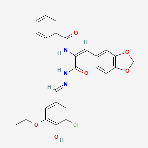 molecular formula C26H22ClN3O6 B11111325 N-{(1E)-1-(1,3-benzodioxol-5-yl)-3-[(2E)-2-(3-chloro-5-ethoxy-4-hydroxybenzylidene)hydrazinyl]-3-oxoprop-1-en-2-yl}benzamide 