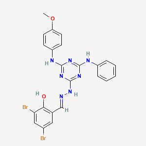 molecular formula C23H19Br2N7O2 B11111497 2,4-dibromo-6-[(E)-(2-{4-[(4-methoxyphenyl)amino]-6-(phenylamino)-1,3,5-triazin-2-yl}hydrazinylidene)methyl]phenol 