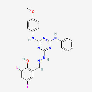 2,4-diiodo-6-[(E)-(2-{4-[(4-methoxyphenyl)amino]-6-(phenylamino)-1,3,5-triazin-2-yl}hydrazinylidene)methyl]phenol