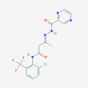 molecular formula C16H13ClF3N5O2 B11112254 (3E)-N-[2-chloro-6-(trifluoromethyl)phenyl]-3-[2-(pyrazin-2-ylcarbonyl)hydrazinylidene]butanamide 