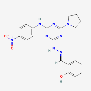 molecular formula C20H20N8O3 B11113165 2-[(E)-(2-{4-[(4-nitrophenyl)amino]-6-(pyrrolidin-1-yl)-1,3,5-triazin-2-yl}hydrazinylidene)methyl]phenol 