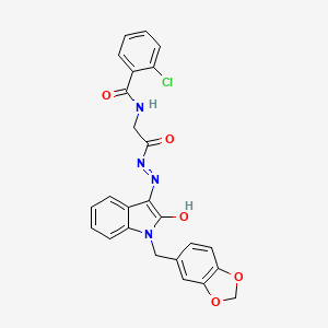 molecular formula C25H19ClN4O5 B11113591 N-({N'-[(3E)-1-[(2H-1,3-Benzodioxol-5-YL)methyl]-2-oxo-2,3-dihydro-1H-indol-3-ylidene]hydrazinecarbonyl}methyl)-2-chlorobenzamide 