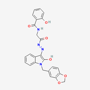 molecular formula C25H20N4O6 B11115094 N-({N'-[(3E)-1-[(2H-1,3-Benzodioxol-5-YL)methyl]-2-oxo-2,3-dihydro-1H-indol-3-ylidene]hydrazinecarbonyl}methyl)-2-hydroxybenzamide 