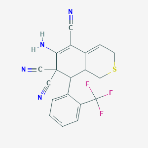 molecular formula C19H13F3N4S B11115180 6-amino-8-[2-(trifluoromethyl)phenyl]-8,8a-dihydro-1H-isothiochromene-5,7,7(3H)-tricarbonitrile 