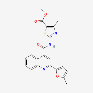 molecular formula C21H17N3O4S B11116377 Methyl 4-methyl-2-({[2-(5-methylfuran-2-yl)quinolin-4-yl]carbonyl}amino)-1,3-thiazole-5-carboxylate 