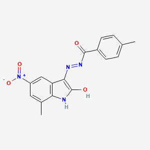 molecular formula C17H14N4O4 B11117425 4-methyl-N'-[(3Z)-7-methyl-5-nitro-2-oxo-1,2-dihydro-3H-indol-3-ylidene]benzohydrazide 