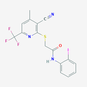 molecular formula C16H11F3IN3OS B11117582 2-{[3-cyano-4-methyl-6-(trifluoromethyl)pyridin-2-yl]sulfanyl}-N-(2-iodophenyl)acetamide 