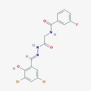 molecular formula C16H12Br2FN3O3 B11118421 N-({N'-[(E)-(3,5-Dibromo-2-hydroxyphenyl)methylidene]hydrazinecarbonyl}methyl)-3-fluorobenzamide 