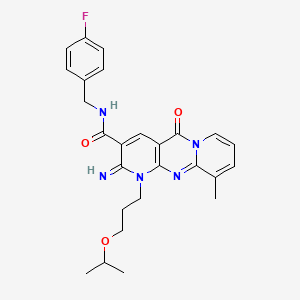 molecular formula C26H28FN5O3 B11119034 N-[(4-fluorophenyl)methyl]-6-imino-11-methyl-2-oxo-7-[3-(propan-2-yloxy)propyl]-1,7,9-triazatricyclo[8.4.0.0^{3,8}]tetradeca-3(8),4,9,11,13-pentaene-5-carboxamide 