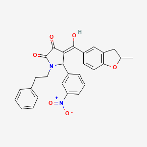 molecular formula C28H24N2O6 B11119125 3-hydroxy-4-(2-methyl-2,3-dihydro-1-benzofuran-5-carbonyl)-5-(3-nitrophenyl)-1-(2-phenylethyl)-2,5-dihydro-1H-pyrrol-2-one 