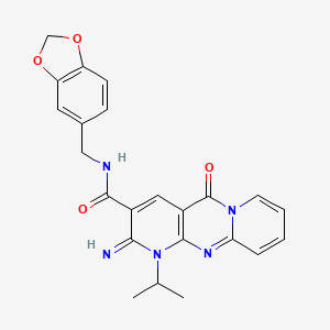 N-[(2H-1,3-benzodioxol-5-yl)methyl]-6-imino-2-oxo-7-(propan-2-yl)-1,7,9-triazatricyclo[8.4.0.0^{3,8}]tetradeca-3(8),4,9,11,13-pentaene-5-carboxamide