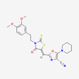 molecular formula C23H24N4O4S2 B11119712 2-[(Z)-{3-[2-(3,4-dimethoxyphenyl)ethyl]-4-oxo-2-thioxo-1,3-thiazolidin-5-ylidene}methyl]-5-(piperidin-1-yl)-1,3-oxazole-4-carbonitrile 