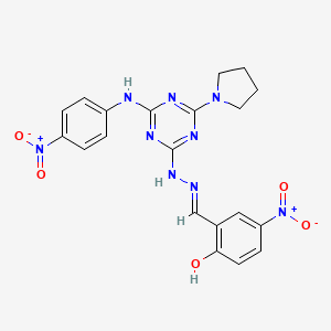 molecular formula C20H19N9O5 B11119828 4-nitro-2-[(E)-(2-{4-[(4-nitrophenyl)amino]-6-(pyrrolidin-1-yl)-1,3,5-triazin-2-yl}hydrazinylidene)methyl]phenol 