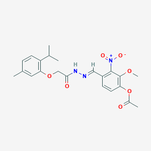 molecular formula C22H25N3O7 B11119891 2-methoxy-4-[(E)-(2-{[5-methyl-2-(propan-2-yl)phenoxy]acetyl}hydrazinylidene)methyl]-3-nitrophenyl acetate 