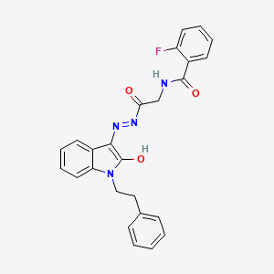 2-Fluoro-N-({N'-[(3E)-2-oxo-1-(2-phenylethyl)-2,3-dihydro-1H-indol-3-ylidene]hydrazinecarbonyl}methyl)benzamide