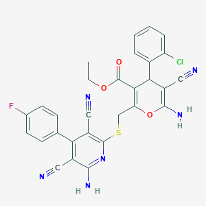 molecular formula C29H20ClFN6O3S B11120695 ethyl 6-amino-2-({[6-amino-3,5-dicyano-4-(4-fluorophenyl)pyridin-2-yl]sulfanyl}methyl)-4-(2-chlorophenyl)-5-cyano-4H-pyran-3-carboxylate 