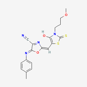 molecular formula C19H18N4O3S2 B11120849 2-[(E)-[3-(3-methoxypropyl)-4-oxo-2-sulfanylidene-1,3-thiazolidin-5-ylidene]methyl]-5-(4-methylanilino)-1,3-oxazole-4-carbonitrile 