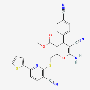 ethyl 6-amino-5-cyano-4-(4-cyanophenyl)-2-({[3-cyano-6-(thiophen-2-yl)pyridin-2-yl]sulfanyl}methyl)-4H-pyran-3-carboxylate