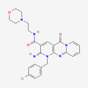 molecular formula C25H25ClN6O3 B11121332 7-[(4-chlorophenyl)methyl]-6-imino-N-(2-morpholin-4-ylethyl)-2-oxo-1,7,9-triazatricyclo[8.4.0.03,8]tetradeca-3(8),4,9,11,13-pentaene-5-carboxamide 