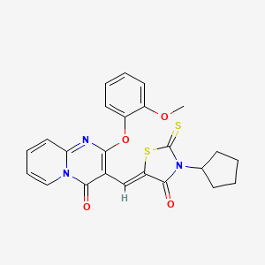 molecular formula C24H21N3O4S2 B11121363 3-[(Z)-(3-cyclopentyl-4-oxo-2-thioxo-1,3-thiazolidin-5-ylidene)methyl]-2-(2-methoxyphenoxy)-4H-pyrido[1,2-a]pyrimidin-4-one 