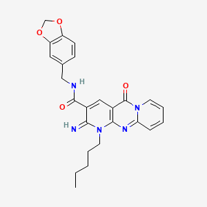 molecular formula C25H25N5O4 B11121727 N-(2H-benzo[3,4-d]1,3-dioxolen-5-ylmethyl)(2-imino-5-oxo-1-pentyl(1,6-dihydrop yridino[1,2-a]pyridino[2,3-d]pyrimidin-3-yl))carboxamide 