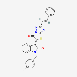 molecular formula C28H20N4O2S B11121744 (3Z)-1-(4-methylbenzyl)-3-{6-oxo-2-[(E)-2-phenylethenyl][1,3]thiazolo[3,2-b][1,2,4]triazol-5(6H)-ylidene}-1,3-dihydro-2H-indol-2-one 