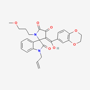 molecular formula C27H26N2O7 B11121828 (3'E)-3'-[2,3-dihydro-1,4-benzodioxin-6-yl(hydroxy)methylidene]-1'-(3-methoxypropyl)-1-(prop-2-en-1-yl)spiro[indole-3,2'-pyrrolidine]-2,4',5'(1H)-trione 