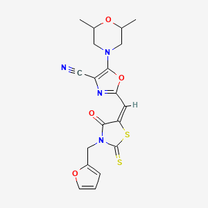 molecular formula C19H18N4O4S2 B11122048 5-(2,6-dimethylmorpholin-4-yl)-2-{(E)-[3-(furan-2-ylmethyl)-4-oxo-2-thioxo-1,3-thiazolidin-5-ylidene]methyl}-1,3-oxazole-4-carbonitrile 