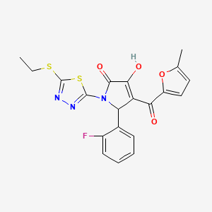 molecular formula C20H16FN3O4S2 B11122101 (4E)-1-[5-(ethylsulfanyl)-1,3,4-thiadiazol-2-yl]-5-(2-fluorophenyl)-4-[hydroxy(5-methylfuran-2-yl)methylidene]pyrrolidine-2,3-dione 