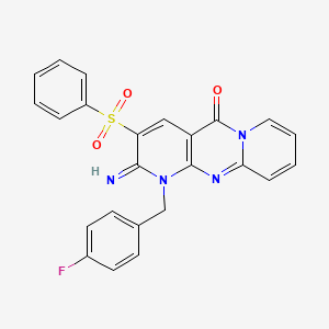 molecular formula C24H17FN4O3S B11122199 5-(Benzenesulfonyl)-7-[(4-fluorophenyl)methyl]-6-imino-1,7,9-triazatricyclo[8.4.0.0^{3,8}]tetradeca-3(8),4,9,11,13-pentaen-2-one 