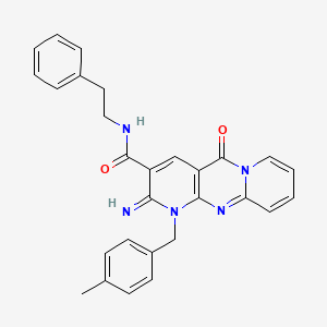 molecular formula C28H25N5O2 B11122686 6-imino-7-[(4-methylphenyl)methyl]-2-oxo-N-(2-phenylethyl)-1,7,9-triazatricyclo[8.4.0.0^{3,8}]tetradeca-3(8),4,9,11,13-pentaene-5-carboxamide 