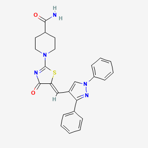 molecular formula C25H23N5O2S B11123286 1-[(5Z)-5-[(1,3-Diphenyl-1H-pyrazol-4-YL)methylidene]-4-oxo-4,5-dihydro-1,3-thiazol-2-YL]piperidine-4-carboxamide 